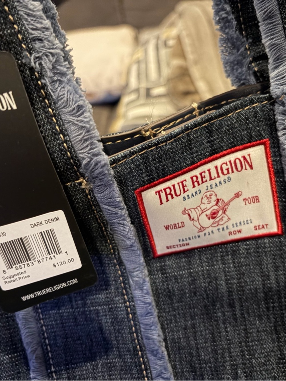 True Religion Dark Denim Tote Bag with Shearling Trim - Picture 2 of 10